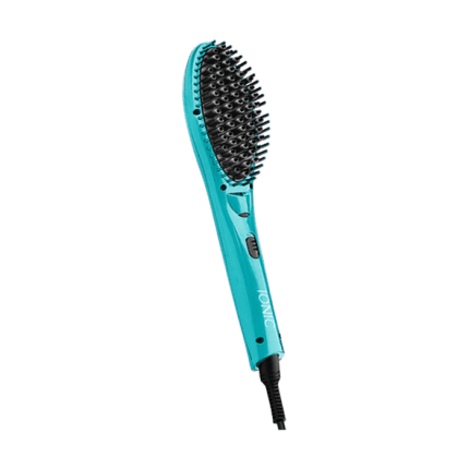 The Ionic Hair Straightener Brush is turquoise with black bristles and tips, “IONIC” on the handle, front control buttons, and a black power cord at the base. The brush is shown against a plain white background.