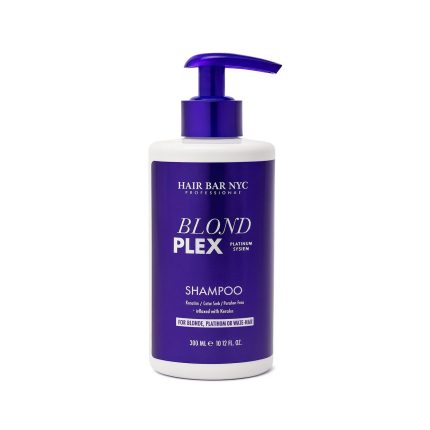 A white bottle with a purple pump labeled Hair Bar NYC PROFESSIONAL BLOND PLEX SHAMPOO for blonde, platinum, or balayage hair. The 300 mL (10 fl oz) bottle features silver and white text on a purple label against a white background.