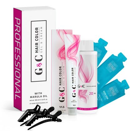 The Professional Hair Color Basic Kit (1 Tube) with marula oil includes a gel cream tube, white developer bottle, two blue repair serum sachets, three black hair clips, and packaging in pink and gray accents.