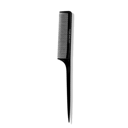 The Professional Pin-Tail Comb, shown against a plain background, is black with closely spaced teeth on one end and a long, pointed handle on the other, ideal for styling and sectioning hair.