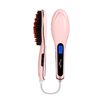 The Hair Straightening Brush features a pink body, black bristles with red tips, a digital display showing 450°F, temperature control buttons on the handle, and a white cord. Shown from side and front views.