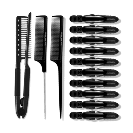 The Professional Hair Tools Kit is shown on a white background, featuring black thinning shears, two pointed-handle teasing combs, and ten sectioning clips arranged in a neat row.
