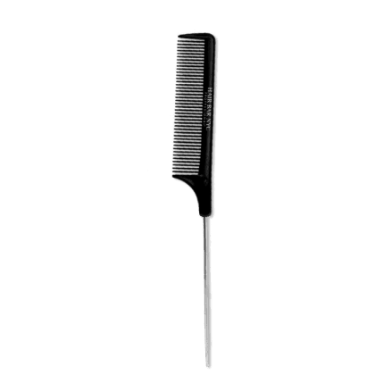 The Professional Steel Pin Tail Comb, featuring fine teeth and a sleek metal handle for precise sectioning and styling, is shown vertically against a plain black background.