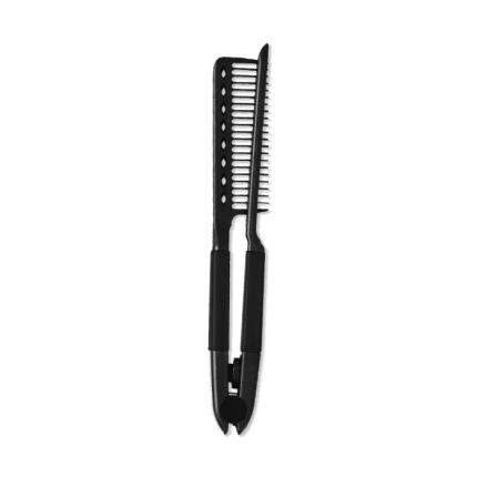 The Professional Straightening Styling Comb features dual handles, two rows of teeth (one vented, one fine), and black ergonomic grips. Its tong-like design is perfect for smoothing and styling hair when used with heat.