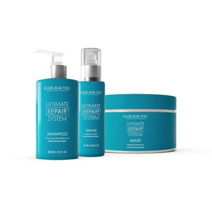 The Ultimate Repair System Duo Bundle from Hair Bar NYC includes a turquoise pump bottle of shampoo, a pump bottle of serum, and a round jar of mask, all with white caps and sans-serif text on the packaging.