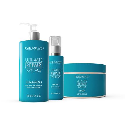 The Ultimate Repair System Duo Bundle from Hair Bar NYC includes a 500ml shampoo with pump, 120ml serum with pump, and 250ml mask jar, all in blue packaging with white and silver text.