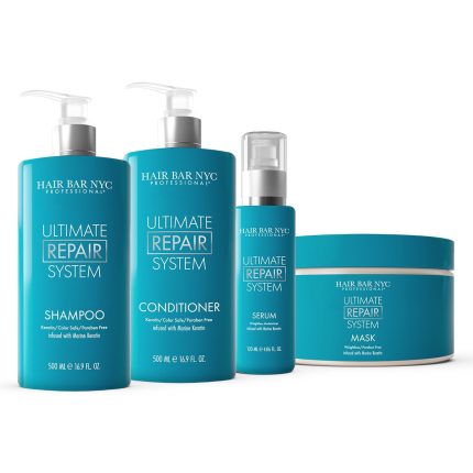 The Ultimate Repair System Duo Bundle by Hair Bar NYC includes turquoise shampoo and conditioner in tall pump bottles, along with a serum and a mask, all featuring white and silver accents.