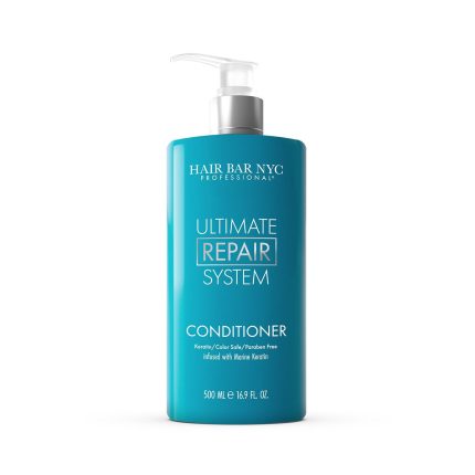 A teal 500 ml (16.9 fl oz) bottle of Ultimate Repair System Conditioner by Hair Bar NYC with a white pump, featuring a label that highlights keratin, color-safe, paraben-free benefits, and marine keratin infusion.