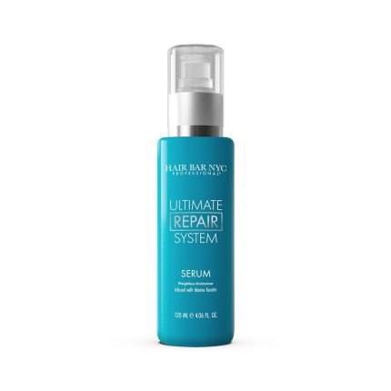A blue cylindrical 120 ml Ultimate Repair System Serum bottle by HAIR BAR NYC, featuring a silver band and clear pump top, stands upright against a white background.