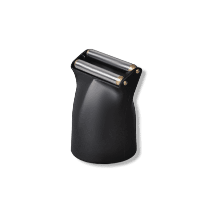 A black, handheld Hair Nozzle Dazzle device with two parallel metal rollers on top sits upright on a white background—its sleek, ergonomic body is designed for grooming or skincare use.