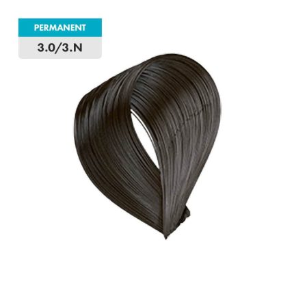A loop of glossy dark brown hair dye shows the shade “3.0/3.N” in grey below and a “PERMANENT” label above on teal. Product